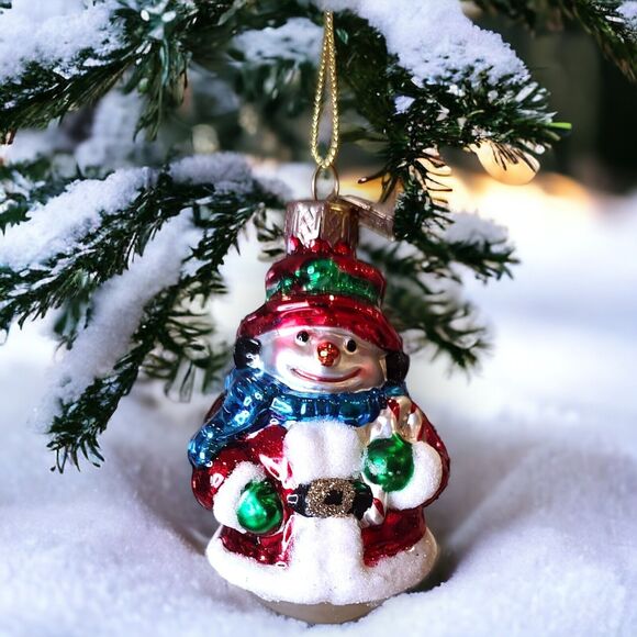 Snowman Santa Blue Scarf Green Gloves Candy Cane Blown Glass Ornament Pacconi 02 - Picture 1 of 6